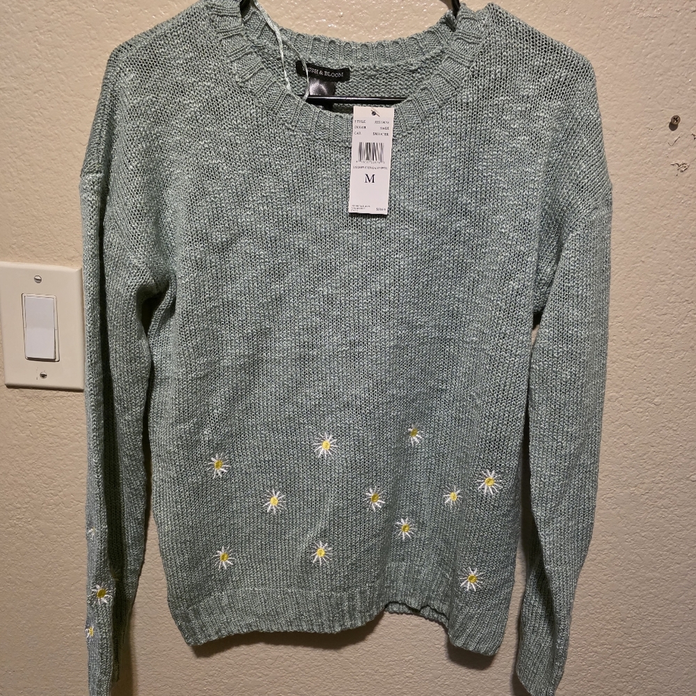 Blush And Bloom Sage Sweater with Daisy Embroidery